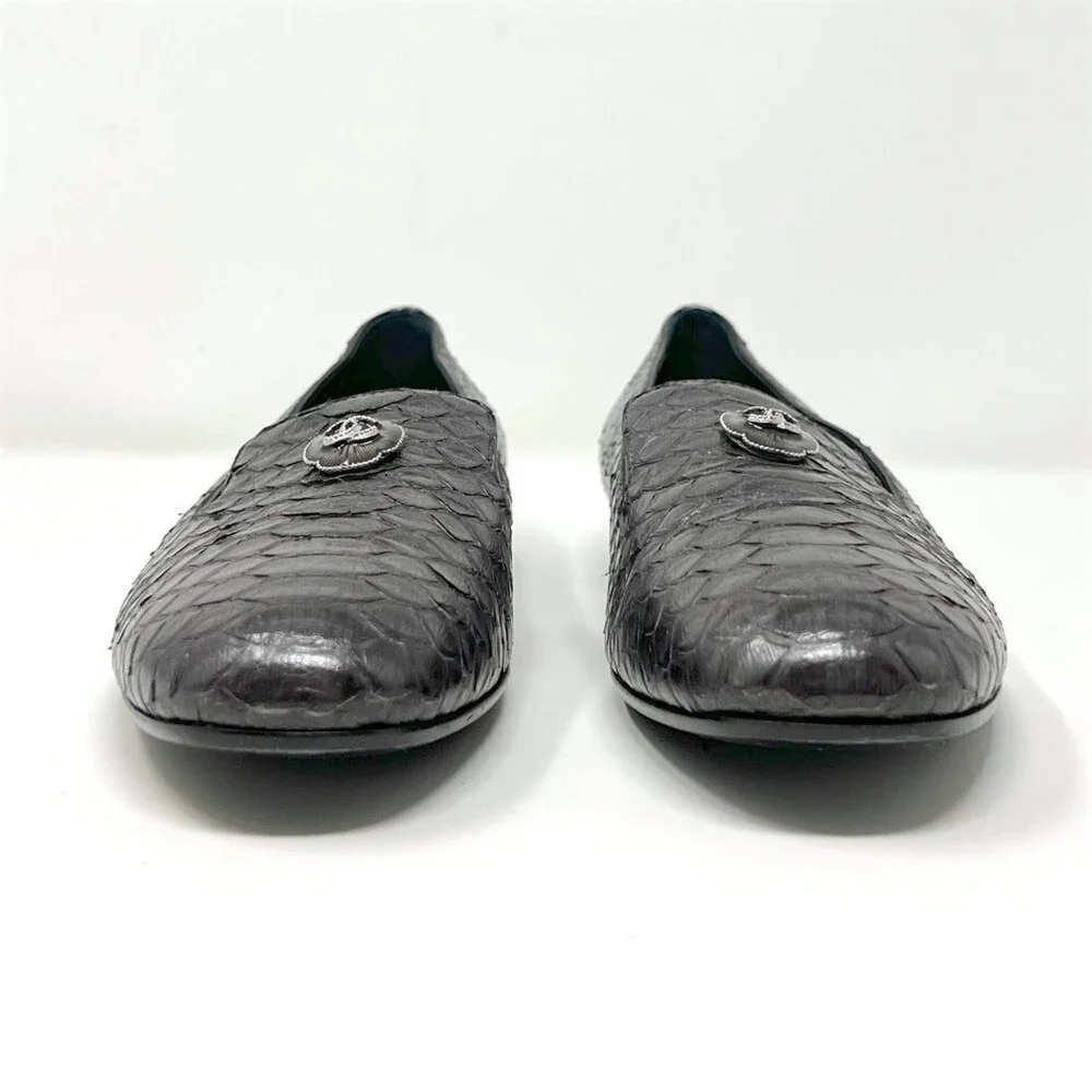 Chanel‎ Grey Snakeskin Loafers CC Logo Flats Size 39.5